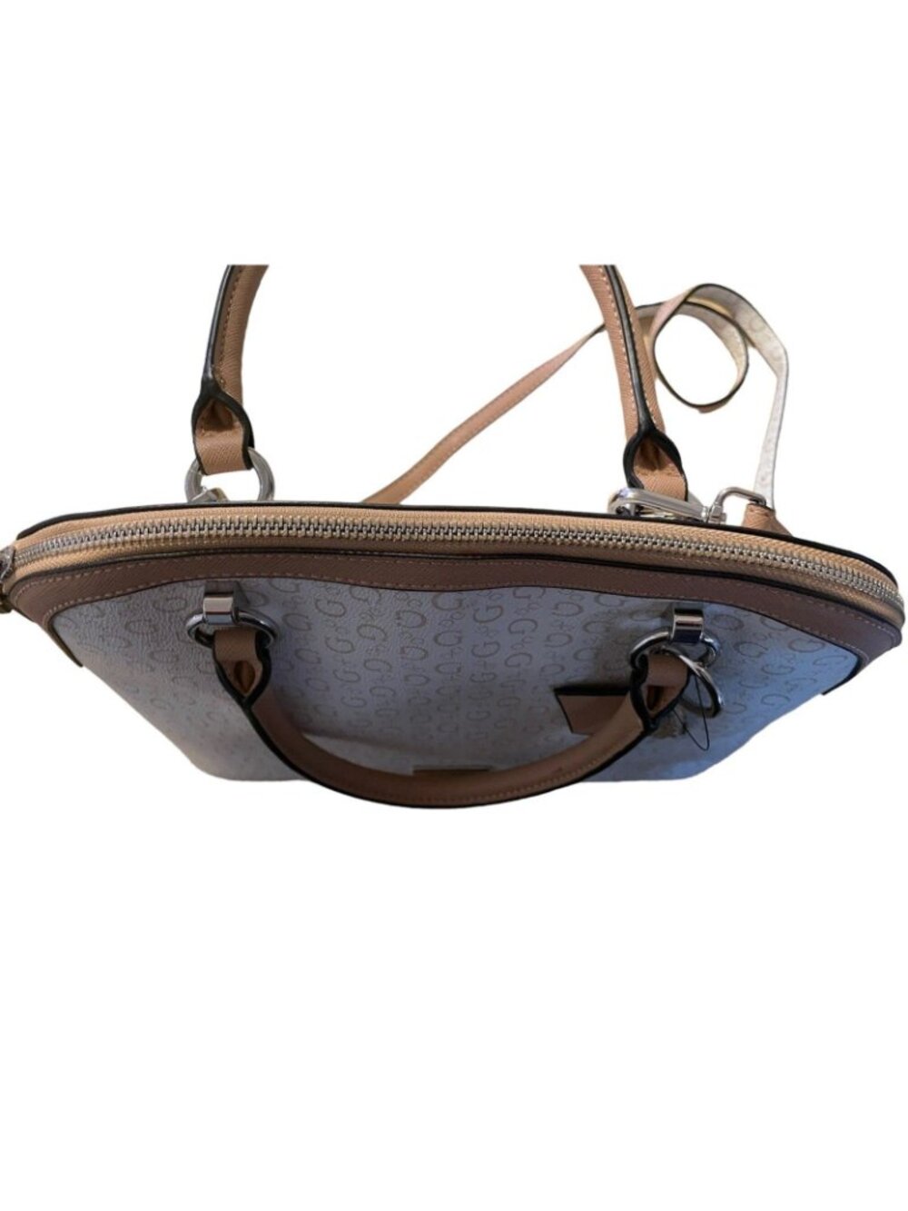 Guess Signature Logo Menville Satchel Crossbody Handbag Tan & White - Picture 9 of 16